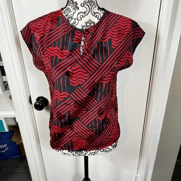 80’s vintage Plymouth black and red printed short sleeve blouse - Picture 1 of 7